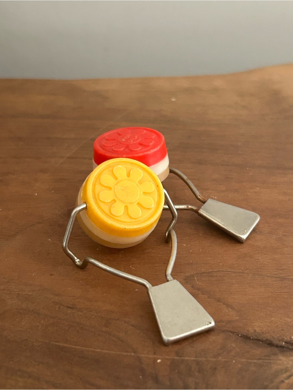 Set of 2 Vintage Bottle Toppers Caps Pop/Soda Hong Kong red & yellow